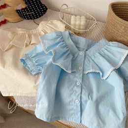 Cute Baby Girls Short Sleeve Shirts Tops Summer Korean Stylish Sailor Collar Puff Sleeve T-Shirt Kids Girl Tops Children Clothes Y220819