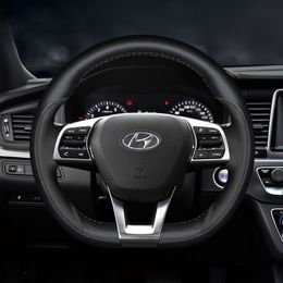 For Hyundai Sonata 9th 2016-19 DIY Hand Sewn Leather Steering Wheel Cover Interior Handle Cover