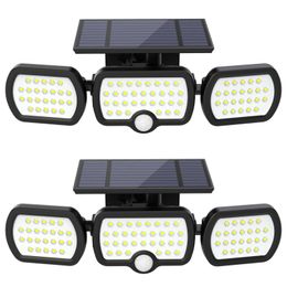 Luzes solares de parede solar de CNSUNWAY LUZES DE MOVIMENTO DE MOVIMENTO LUZES AO ANTERIOR 1100LM LEFRO BRANCO 6000K IP65 Propertício d'água Três modos 3 Cabeças de luz ajustáveis ​​360 ° Iluminação de largura de largura