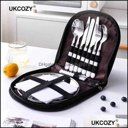 Dinnerware Sets Outdoor Picnic Cam Tableware Fork Spoon Knife Bottle Opener Stainless Steel Foldable Pocket Set Hike Kitc Packing2010 Dhvly