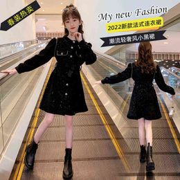 autumn teens girls dress Turn Down Collar Button Design Top Grade Flannel Black Princess Dresses Children A-Line Costumes