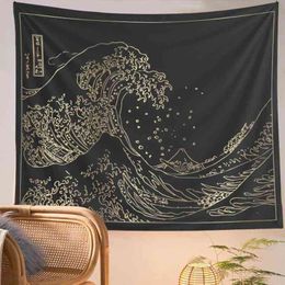 Retro Japanese Kanagawa Wave Black And White Wall Hanging Rugs Tapestry Surfing Hangingvintage Art Rug J220804