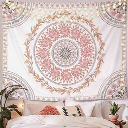 Pink Flowers Mandala Carpet Wall Hanging Indian Bohemian Wreath Boho Decor Room Blanket Mattress Yoga Beach Gobelin J220804