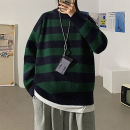 LEGIBLE Striped Men Sweaters Autumn Men's Pullovers Harajuku Streetwear Tate Landon Sweater Green Striped Sweater Women 220819