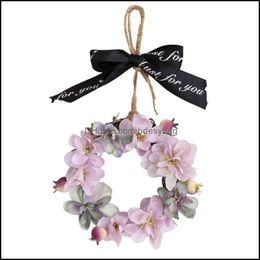 Decorative Flowers Wreaths Mini Pink Hydrangea Flower Door Wreath Wall Hanging Spring Floral Home Decor Fall For Front Y22 Bdesybag Dh1Nf