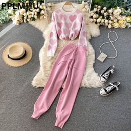 Knit Love Pinted 2 Piece Sets Fall Winter Outfits Women Pearl Beading Long Sleeve Sweater Tops Harem Pant Suits Korean Tracksuit 220819