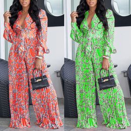 Autumn Sexy Two Piece Set Women Crimped Long Sleeved Shirt Loose Pants Printed Plus Size Suit