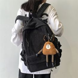 Vintage Corduroy AntiTheft Backpack Fashion Women Pure Colour Cute School Bag for Teenage Girls Travel Shoulder Backbag 220819