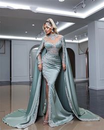 Beading Mermaid Evening Dresses With Long Cape Lace Celebrity Plus Size Formal Prom Gowns Robe De Soiree