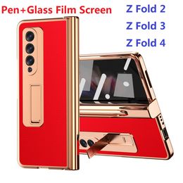 Electroplate Cases For Samsung Galaxy Z Fold 4 3 Fold 2 Case Tempered Glass Film Screen Pen Slot Leather Hinge Stand Cover