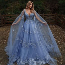 Chic Blue Delicate Appliques Prom Dresses Deep V Neck With Cape Evening Gown Glitter A Line Vestidos De Noche