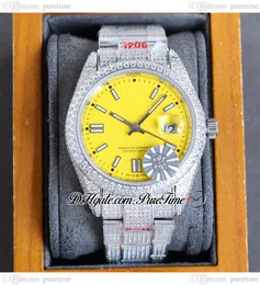 RF 40mm Date ETA A2824 Automatic Mens Watch Paved Diamond Yellow Dial Stick Markers Iced Out Diamonds 904L OysterSteel Bracelet Jewelry Watches Puretime F03a1