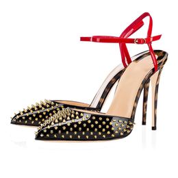 Brand Red Bottom estiletto sapatos pretos estampas de leopardo preto mulheres picos cheios de salto alto salto alto slingback tornozelo sandálias de tira rebate vermelho solto de salto fino bombas de vestido