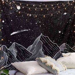 Sun Moon Mountain Black Carpet Wall Hanging Old Rugs Witchcraft Hippie s Psychedelic Tapestry J220804