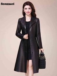 Nerazzurri Spring autumn long black soft faux leather coat women long sleeve buttons slim fit Elegant leather jacket women 2021 T220810