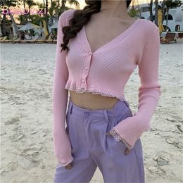 Pink Black Green Black Women Cardigans Fashion Slim Ladies Knitted Sweater Crop Top Long Sleeve Buttons Sweater 220818