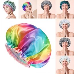 Women Rainbow Satin Bonnet Shower Cap Fashion Stain Silky Big Bonnet For Lady Sleep Caps Headwrap Hat Hair Wrap Accessories Gorro De Ducha