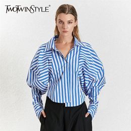 TWOTWINSTYLE Korean Striped Women's Shirt Lapel Collar Puff Sleeve Loose Asymmetrical Casual Blouses Female Fashion 201028