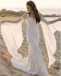 Boho beackless Wedding Dress crochet Lace Mermaid Sexy Open Back Tassel Chiffon Sleeve Bohemia Beach Bridal Gowns