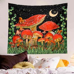 Mushroom Tapestry Trippy Moon Stars Squirrel Wall Rugs Fantasy With Plants And Leaves Colorful Hanging For Room J220804