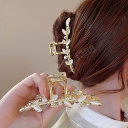 Fashion Alloy Cat Eye Stone Leaves Clamps Women Girl Flower Rhinestone Pearl Handmade Ponytail Claw Clip ACCESSORI FOR GIRL