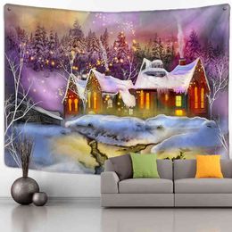 Christmas Night Scene Carpet Wall Hanging Cartoon Illustration Snow Landscape Tapiz New Year Home Decor J220804