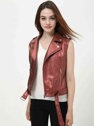FMFSSOM Spring New Women Leather Vests Jacket Black PU Vest Belt Coat Female Patterns Motorcycle Slim Warm Pink Outerwear T220810