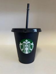 Starbucks 16oz/473ml Plastic Mugs Tumbler Reusable Black Drinking Flat Bottom Pillar Shape Lid Straw Cup