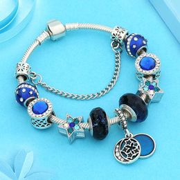 Charm Bracelets Leabyl Dark Blue Star Moon & Bangles Royal Heart Crystal Murano DIY Bead Bracelet For Men Boy Gift PulseiraCharm