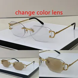 Designer-Sonnenbrille für Männer, photochrome Brille, Modemarke, rahmenloser Stil, Diamantschliff-Linse, Mann, Vintage-Retro-Designer, randlose Sonnenbrille, Damenrahmen 0103C