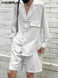 Men's Tracksuits Men Sets Patchwork Loose Lapel Long Sleeve Shirt & Shorts 2PCS Streetwear 2022 Korean Stylish Casual Suits INCERUN S-5X