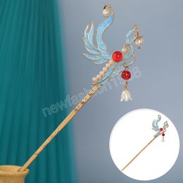 Vintage Hanfu Hair Stick Chinese Pearl Crystal Bead Hairpins Flowers Hairpin With Tassel Headwear Wedding Accessories