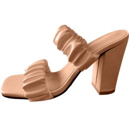 Sandals Mules Shoes Women Square Heel Slippers Summer High Heels Toe Slides Ladies White BlackSandals
