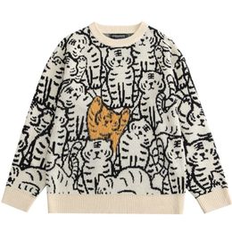 Harajuku Vintage Streetwear Sweaters Men Pullover Cartoon Tiger Pattern Knitted Jumpers Autumn Couple Casual Loose Tops Men 220819