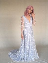 Long Sleeve Boho Wedding Dress Star Sequined A Line Beach Bridal Gowns 2022 Sexy Deep V-Neck Country Bride Dresses Romantic Robe De Mariage