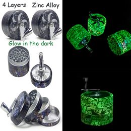 Wholesale Glow In The Dark Concave With Handle Herb Grinder Smoking Accessories 55mm Diameter 4 Layers Zinc Alloy Material Surface Tobacco Grinders GR404