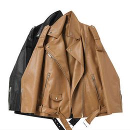 FMFSSOM 2022 New Autumn Women Faux Leather Jackets Loose Casual Coat Female Drop-shoulder Motorcycles Outwear with Belt Clothes T220810