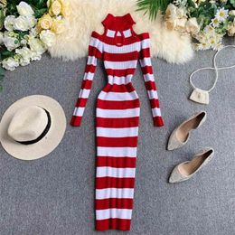 NiceMix winter female halter hollow out long sleeve knit sheath dress women's striped waist elegant package hip knitted MX200518