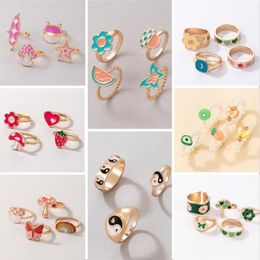 Cluster Rings Trendy Colourful Alloy Flowers Butterfly Mushroom Tai Chi Fruit Heart Set For Women Jewellery Birthday WholesaleCluster