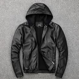 Men's Hooded Leather Jacket 100 Genuine Sheepskin Motorcycle Black Coat Male Hoodies Clothes Spring Hat Leather Jacket Men 220819