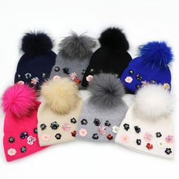 Beanie/Skull Caps Design Winter Womens Wool Hat With Big Real Fur Pom Knit Beanie Hats Soft Floral Pattern Skullies For Women Ladies 2022