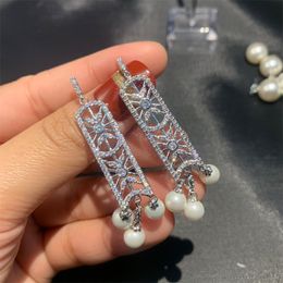 Dangle & Chandelier Cute Style Mosaic Pave Top Luxury Zircon Pearl Flower Silver Plated Earrings For WomenDangle ChandelierDangle