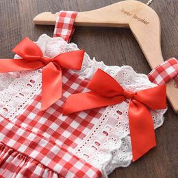 Bear Leader Lace Girls Summer Lolita Dress Fashion Red Plaid Bow Baby Kids Birthday Dresses Children Princess Clothes Outfits