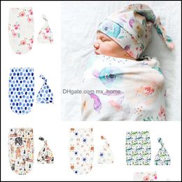 Slee Bags Newborn Infant Baby Swaddle Cartoon Animals Florals Muslin Blanket And Hat Soft Sleep Sack With 2Pcs Set Mxhome Drop Mxhome Dhdaq