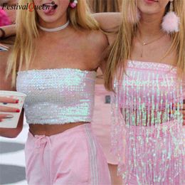 Colorful Bling Sequins Crop Top Women Strapless Tube Tops 2022 Summer Beach Rave Festival Top Sexy Party Night Club Tank Tops T220819