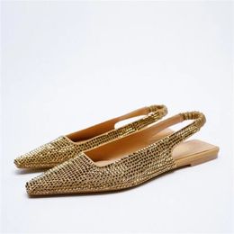 Za Woman Gold Bling Flat Shoes Vintage Black Back Elastic Straps Single Fashion Slingbacks Female 220819