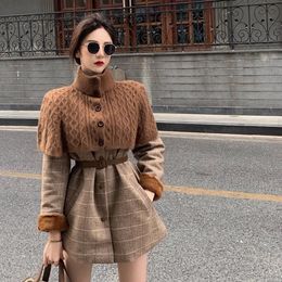 Woollen Overcoat Women Vintage Autumn Winter Full Plaid Thickened Keep Warm ONeck Single Breasted Sweater 2 Pic Set Mori Girl 220819