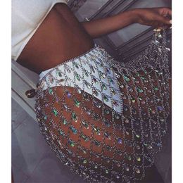 Sexy Bling Metal chain Diamonds sequin skirt Women befree Summer Beach Hollow Colorful gem Queen crystal Night club Party skirts T220819