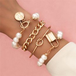 Gold Metal Strand Face Head Coin gold and pearl bracelet with Simulated Pearls - Perfect Party Gift for Women and Girls