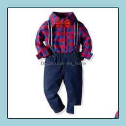 Clothing Sets Spring Baby Boys Gentleman Clothes Set Kids Bowtie Long Sleeve Plaid Shirt And Suspender Boy Children 2Pcs Outfi Mxhome Dhxnh